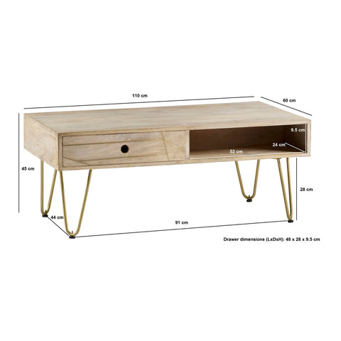 Light Gold Rectangular Coffee Table with Drawer
