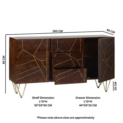 Dark Gold Extra Large Sideboard 3 Drawers and 2 Doors