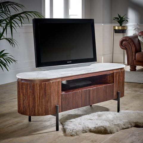 Opal Mango Wood Tv Cabinet With  Marble Top & Metal Legs