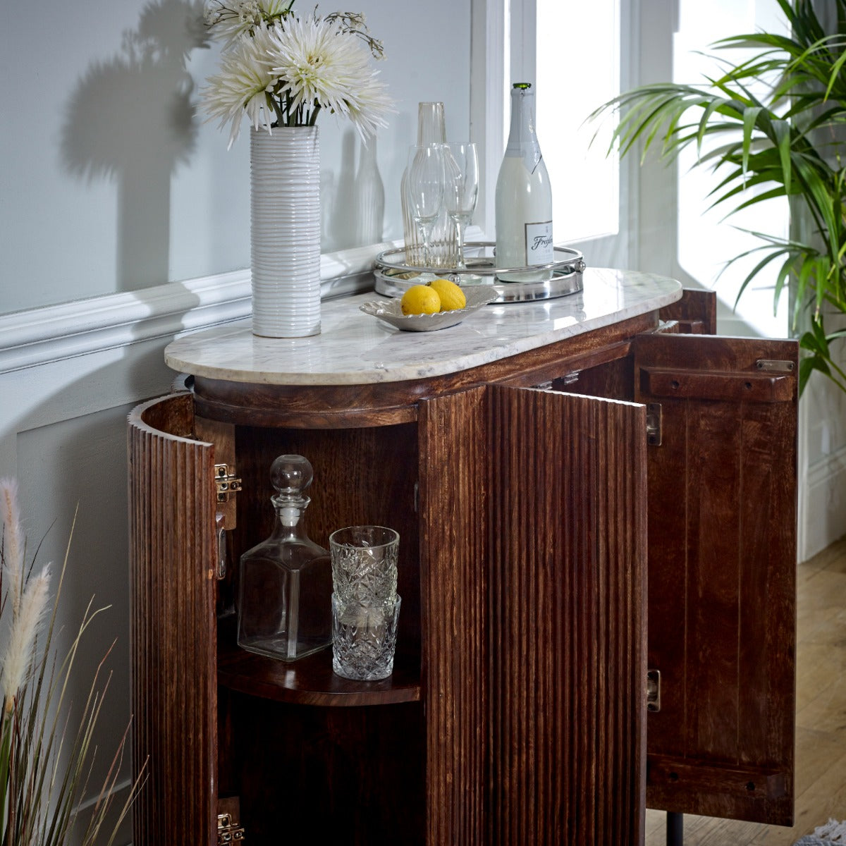 Opal Solid Wood Sideboard/Drinks Cabinet With Marble Top & Metal Legs