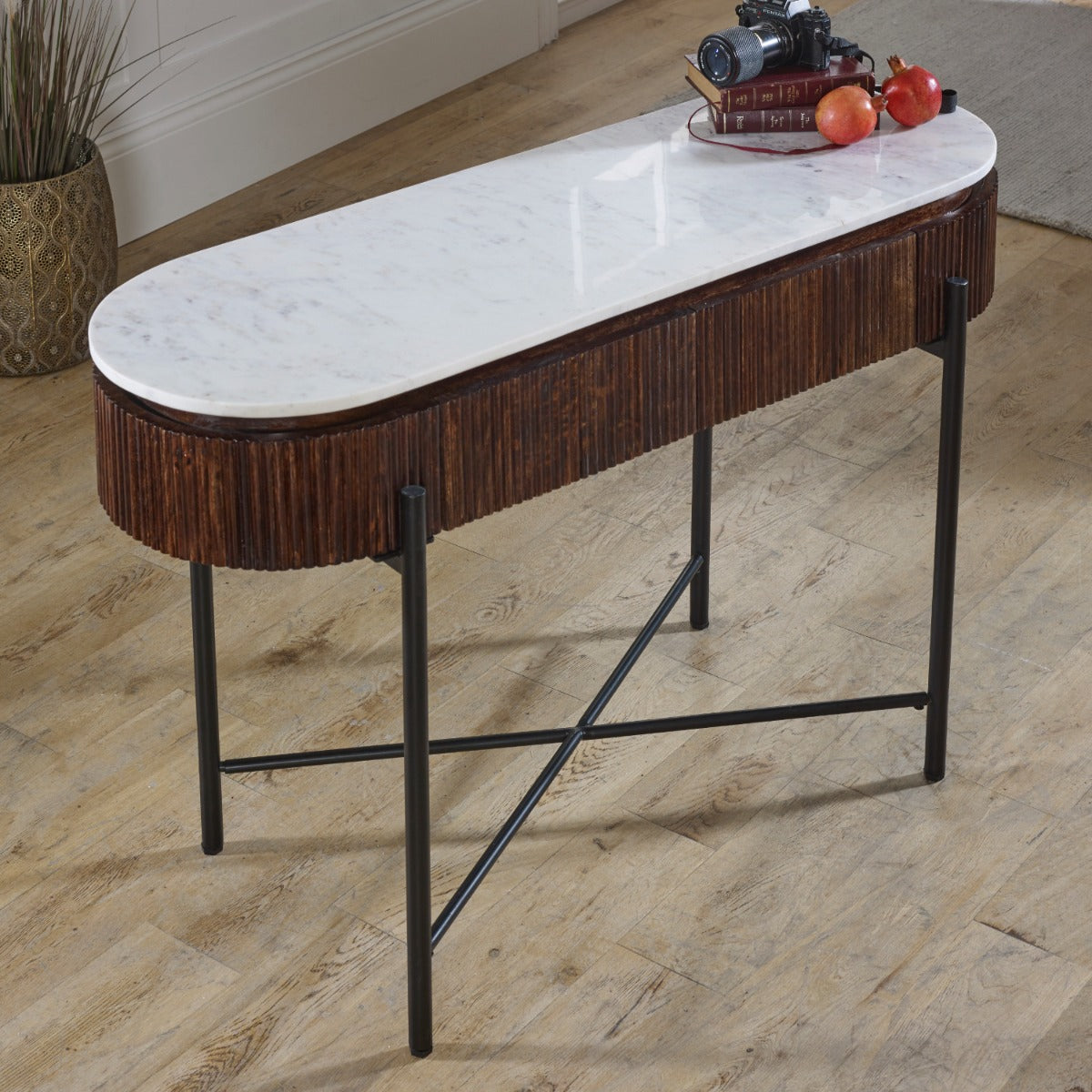 Opal Mango Wood Console Table With Marble Top And Metal Legs