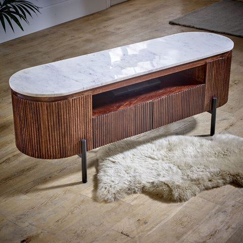 Opal Mango Wood Tv Cabinet With  Marble Top & Metal Legs