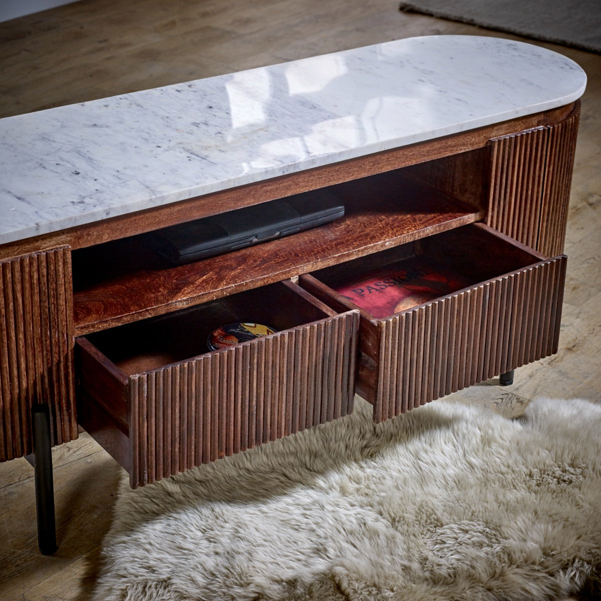 Opal Mango Wood Tv Cabinet With  Marble Top & Metal Legs