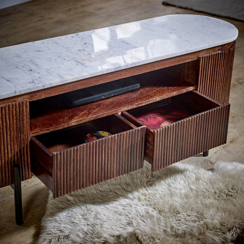 Opal Mango Wood Tv Cabinet With  Marble Top & Metal Legs